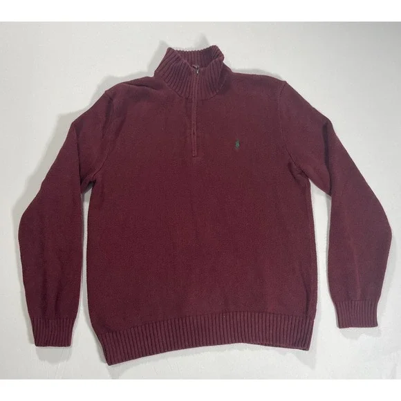 Polo Ralph Lauren Jacket Mens Medium Maroon 1/4 Zip Sweater Green‎ Pony Pullover
