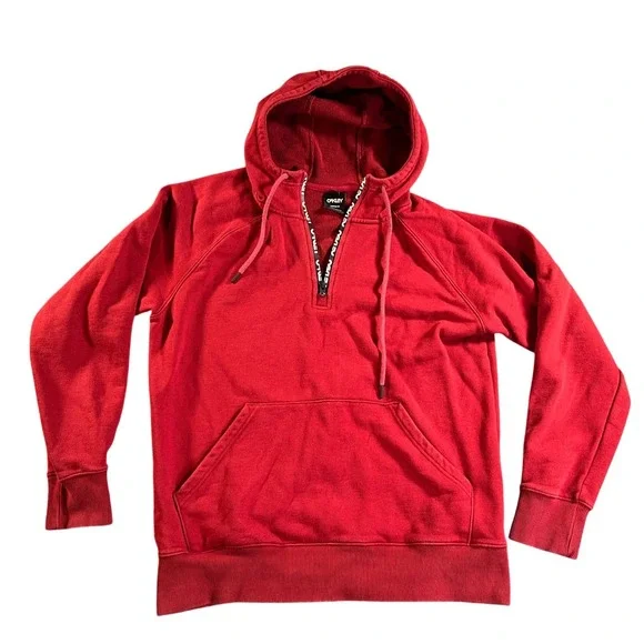 Oakley Hoodie Mens Large Red Quarter‎ Zip Custom Fit Raglan Sleeve Sweatshirt