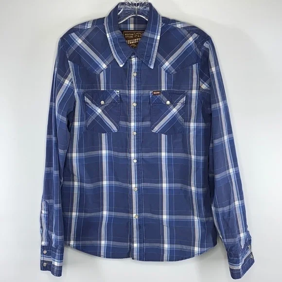 Hollister Western Styling Long Sleeve Blue Plaid Shirt Size Small