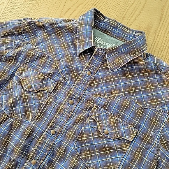 Wrangler Retro Premium Shirt Mens Large Blue Plaid Western Pearl Snap Rodeo Rust