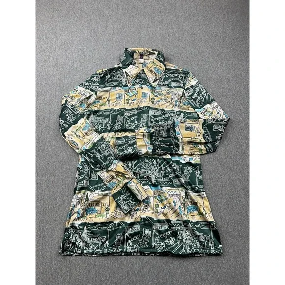 Vintage Hutspah Button Up Shirt Mens Medium Green Yellow French Bistro‎ Nylon