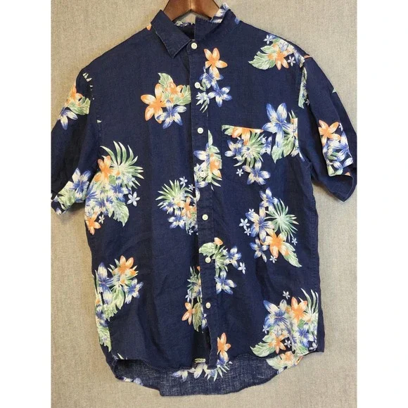 Lands End Men's M Shirt‎ 100% Linen Short Sleeve Navy Blue Floral Hawaiian Beach