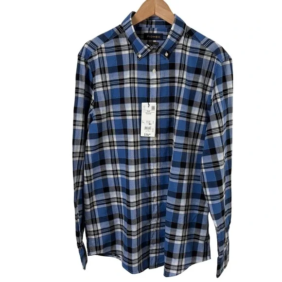 NWT Piombo Italian Luxury Men's Cotton Plaid Long-Sleeve Shirt Sz‎ XL Blue Black