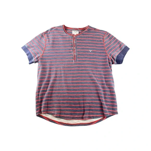 True Religion Henley T Shirt Striped Red Blue Short Sleeve Men‎ XXL