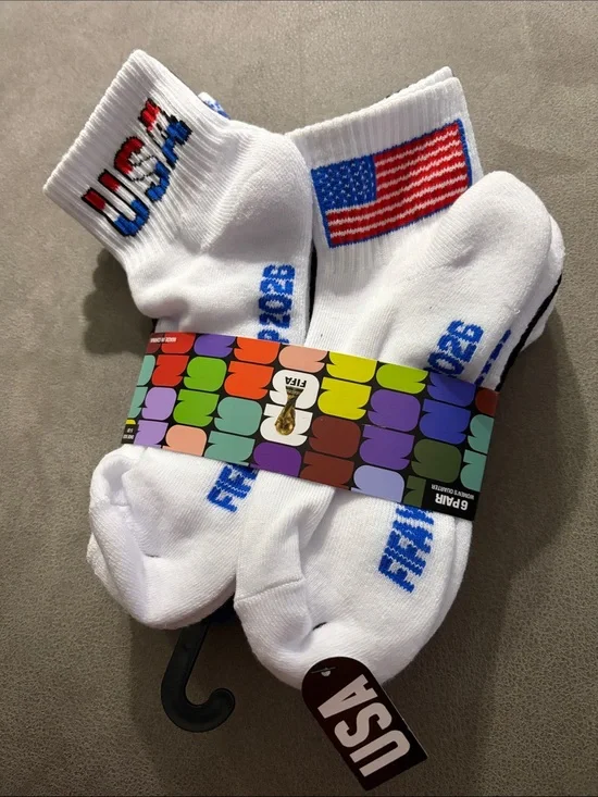 USA Flag White Crew Socks with 'USA' Lettering - Pack of 6