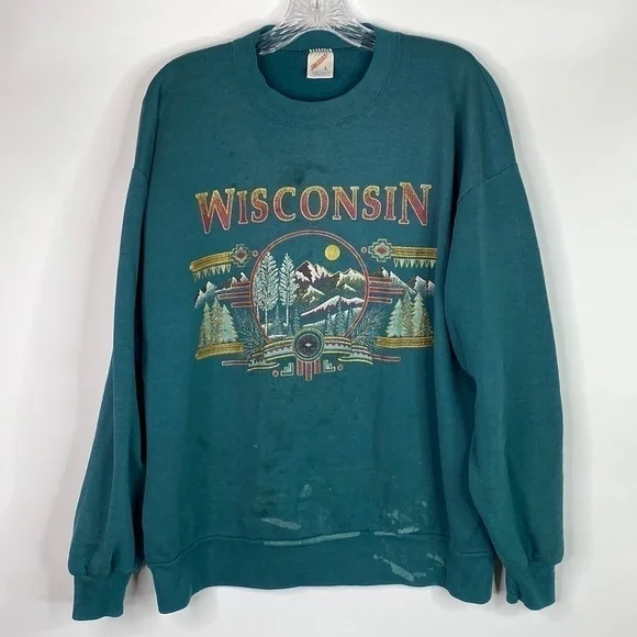 Vintage Jerzees Wisconsin Green Crewneck Sweatshirt Size Large Grunge