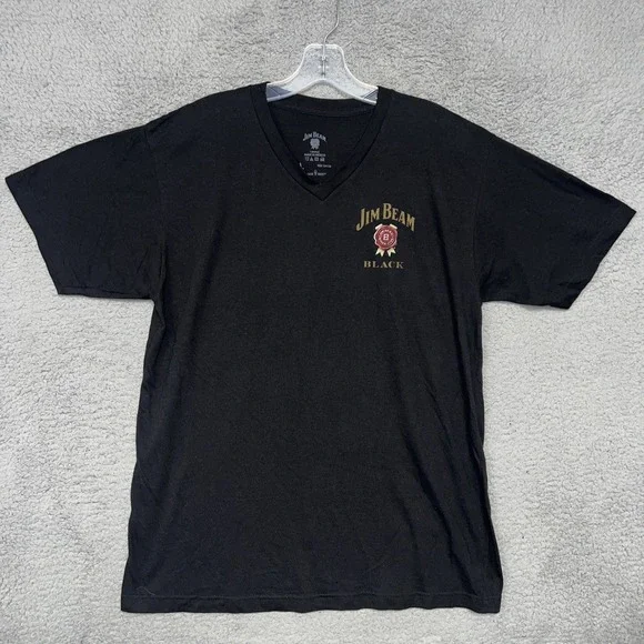 Official Jim Beam T Shirt Men's Size Large‎ Black V Neck Whiskey Logo Casual Tee