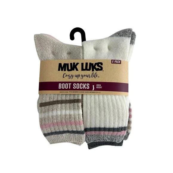 MUK LUKS Women’s Fluffy Dream Crew Boot Socks Size 6-10 Pink Taupe 6-Pair