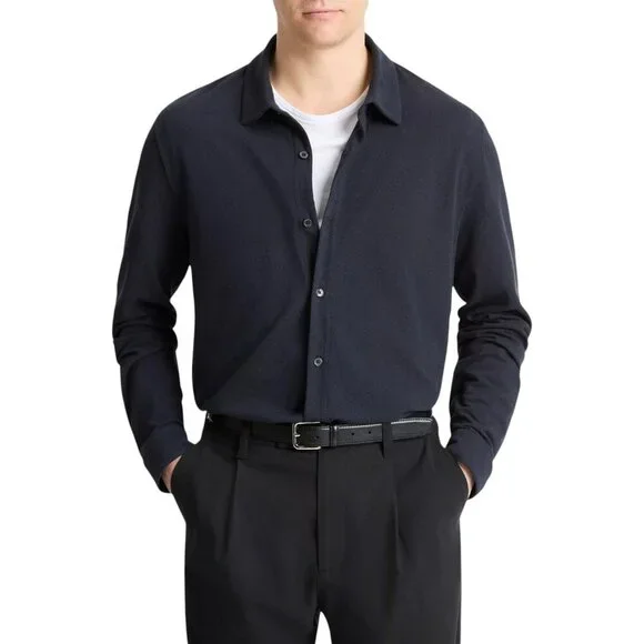 Vince Cotton Piqué Button-Front Long-Sleeve Collared Shirt - Coastal Blue - L