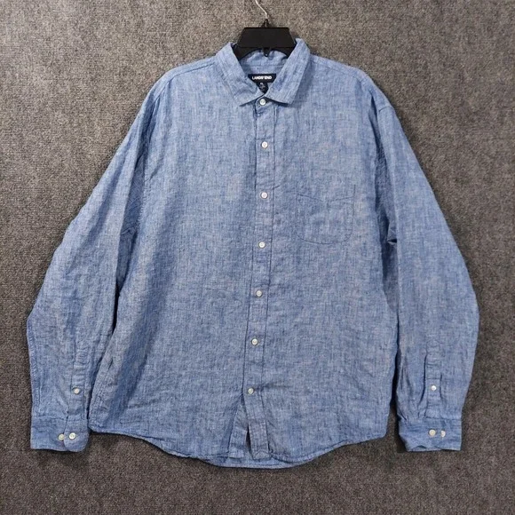 Lands' End Shirt Mens XL Blue Linen Long‎ Sleeve Button Up Tailored Fit Casual
