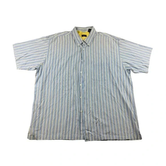 Y2K IZOD Button Front‎ Shirt Men XXL Blue White Striped Cotton Short Sleeve Work