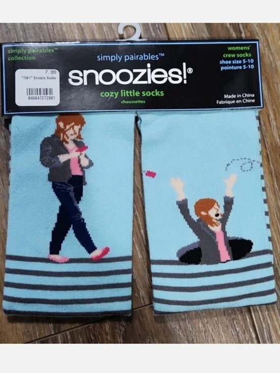 NWT Snoozies Socks Blue Gray Stripes woman falling in pot hole texting on phone