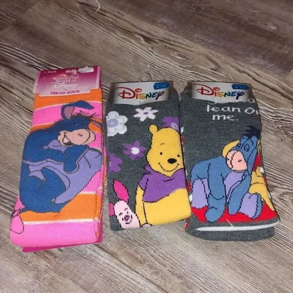 Disney tread socks tall thick socks Sz Adult 4-10 all new Eeyore Pooh Piglet