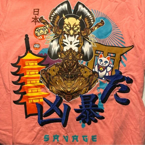 NWT Black Pike Japanese Geisha‎ Cat Graphic T Shirt Pink Size S Small Savage
