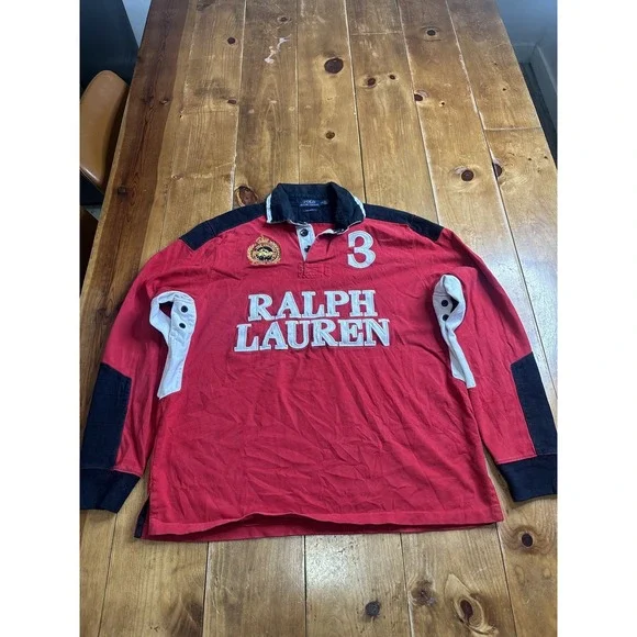 Polo Ralph Lauren Men's Red Black White Custom Fit Rugby Shirt Size L/G #3