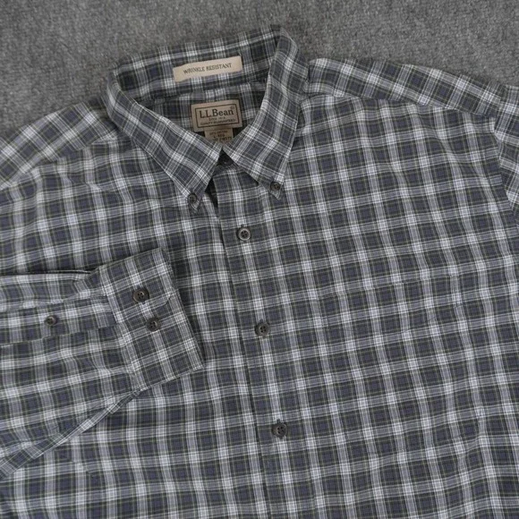 LL Bean Button Down‎ Shirt Mens Large Green Plaid Wrinkle Resistant 218573