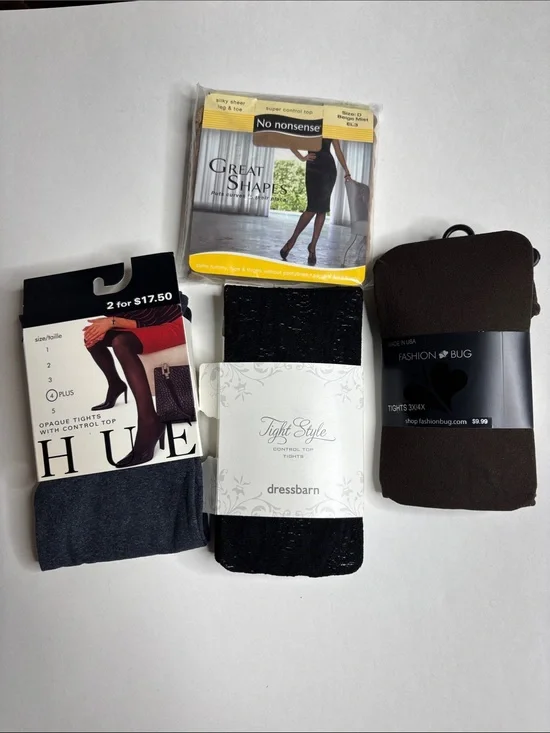 Variety of 4 tights. No Nonsense, Fashion Bug, Dressbarn and Hue.
