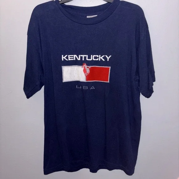 Vintage Kentucky Derby T-Shirt Navy‎ Embroidered Horse Race USA Adult Size L