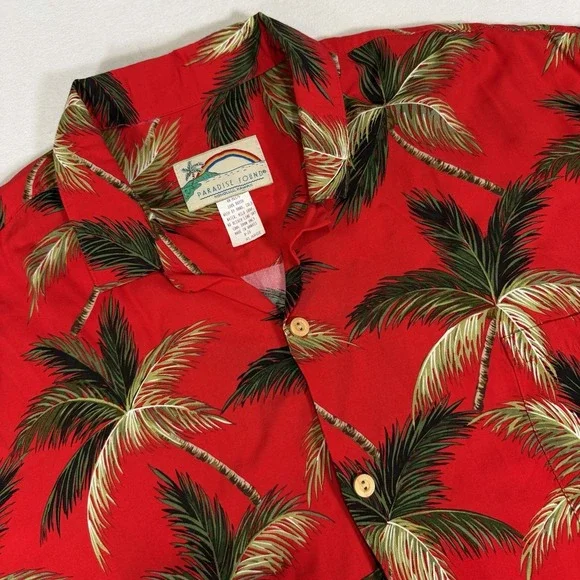 Paradise Found Hawaiian Mens XL Red‎ Palm Trees Magnum PI Rayon Made In Hawaii