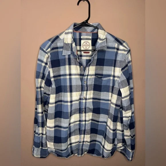 Men’s FatFace Navy and Light Blue Plaid Button-Down Shirt