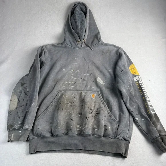 Carhartt Men's Distressed Paint Splatter Graphic Sleeve Hoodie Gray Size Medium