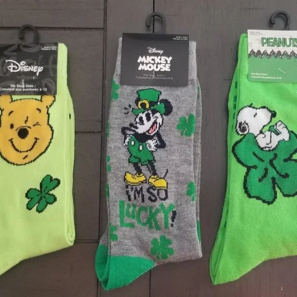 Disney & Peanuts St. Patrick's Day Assorted 3-Pair Adult Novelty Crew Socks Lot