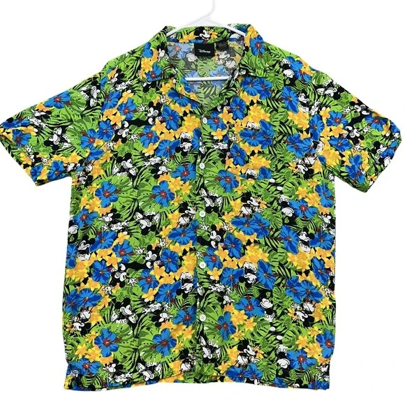 Disney Mickey Mouse Shirt Mens Medium Hawaiian Aloha Rayon Floral‎ Tropical