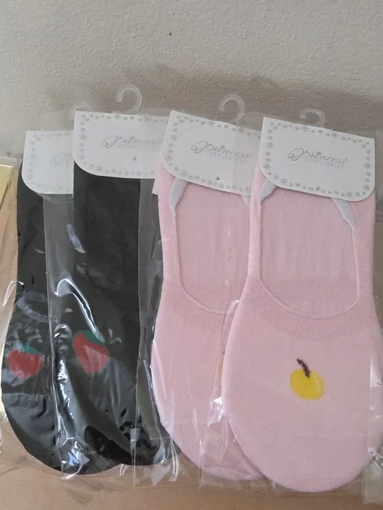 Set Of 8  No-Show Socks Pack — Pink & Black Fruit Accent