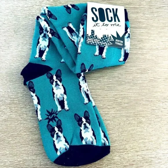 Boston Terrier Dog Sock it to Me Knee High Teal Adult Fun Socks