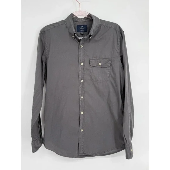 American Eagle Outfitters Mens Classic Fit Long Sleeve Button Down Shirt Gray‎ M