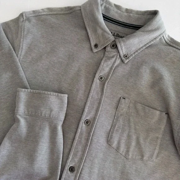 L.L.Bean Mens‎ Knit Long Sleeve Slightly Fitted Button Up Shirt - Sz L - Gray