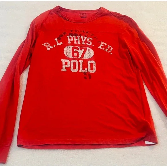 Polo Ralph Lauren Mens Red Long Sleeve Phys Ed 67 Graphic T-Shirt Medium