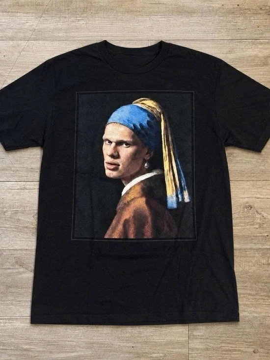 Black Graphic Tee with Blue and Gold Print