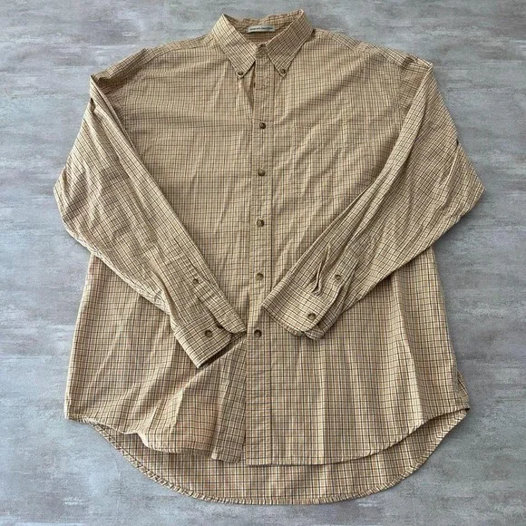 Gap Mens large checkered yellow plaid long sleeve button down shirt 100% cotton‎