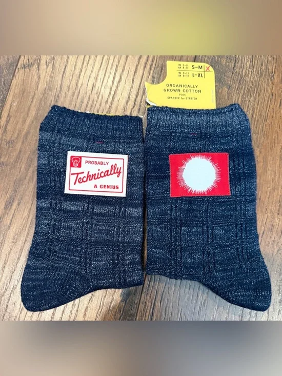 NWT BLUE Q SOCKS, Organically Grown Cotton, “Probably Technically A Genius” S/M