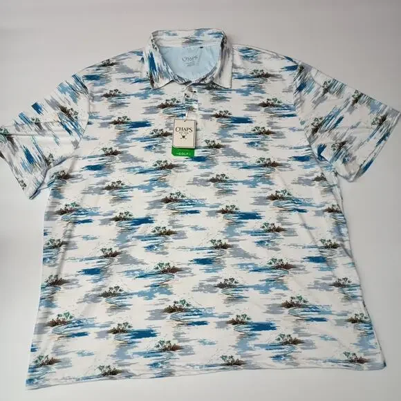 Chaps Printed Golf Polo Shirt Men's Size 3XL Bright White Stretch Moisture Wick‎