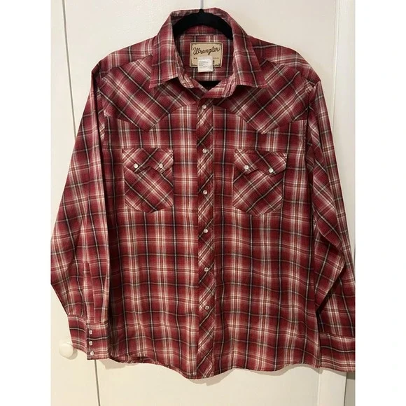 Wrangler Shirt Men Large‎ Red Plaid Western Pearl Snap Long Sleeve Lightweight