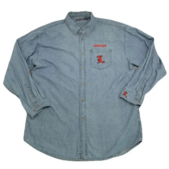 Vtg Louisville Cardinals Denim Shirt Button Up Men 2XL Embroidered Logo Spellout