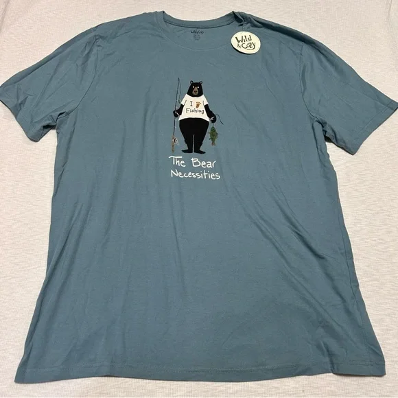 Wild and Cozy‎ Fishing  Bear Men's XL Blue T-Shirt NEW
