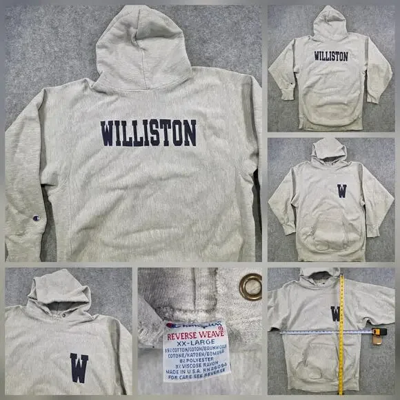 Vintage 90s Champion Reverse Weave‎ Hoodie Mens 2XL Gray Williston College USA