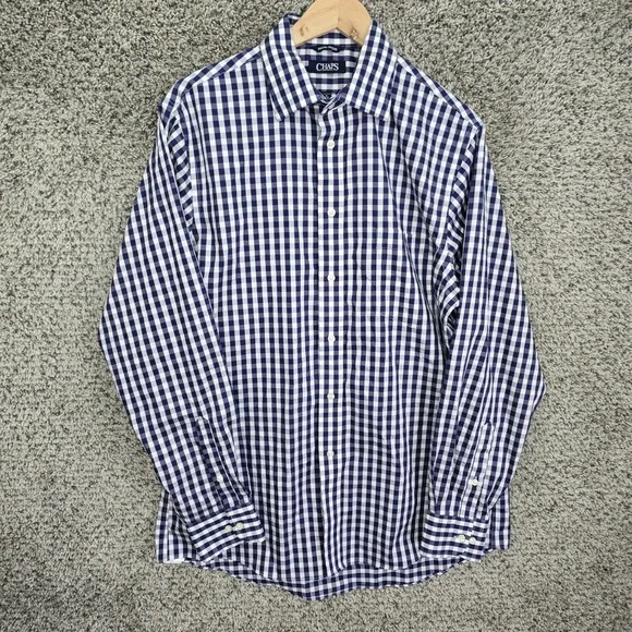Chaps Shirt Mens 16 34/3 Blue Button Up Gingham Check Non Iron Cotton Casual‎