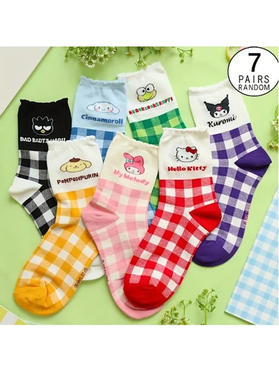 #FAM-2191 Hello Kitty & Friends Plaid Sock Set - 7 Pair Women's sz 4-10