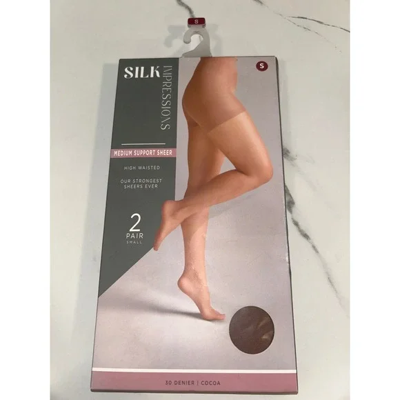 Silk Impressions Pantyhose Womens Small Cocoa 2Pair 30 Denier Sheer Support