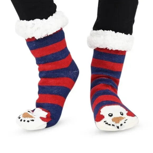 Snowman and Reindeer Pattern Sherpa Lined Slipper Socks Sz 5-10 Anti Slip Rubber