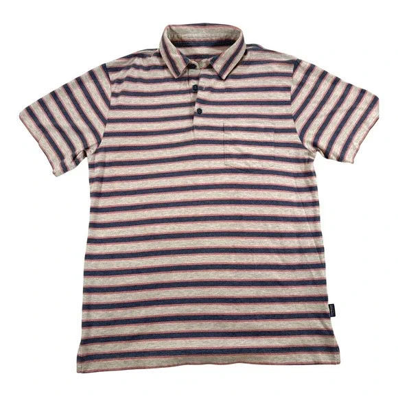 Patagonia Polo Shirt S Grey‎ Blue Pink Striped Organic Cotton Short Sleeve 52185