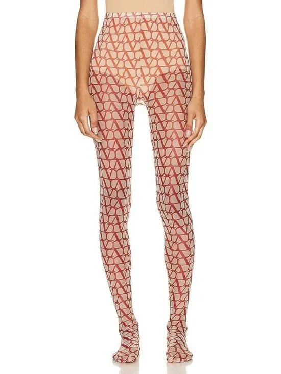 NEW Valentino Beige & Red Iconographe Tights Logo Sz S-M