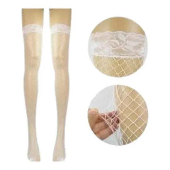 WHITE Large Square Fishnet Thigh High Stocking