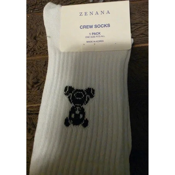 Zenana White Teddy Bear Ribbed Crew Socks One Size NWT