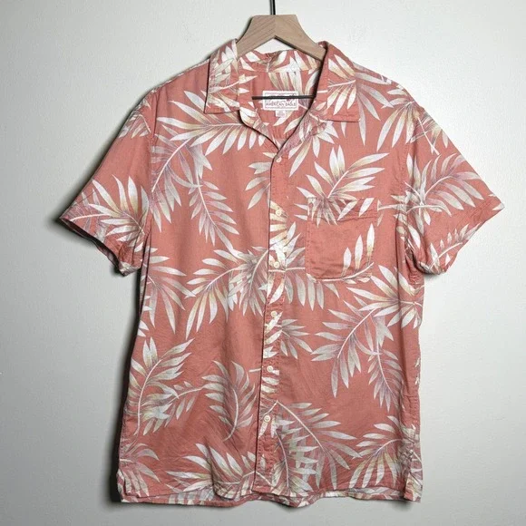 American Eagle Mens L Coral Tropical Palm Leaf Cotton Linen Short Sleeve Shirt