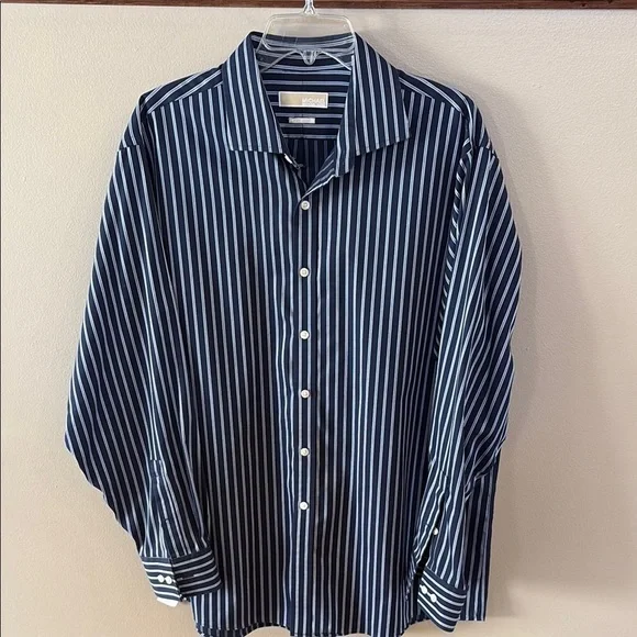 Michael Kors non iron men’s button down shirt white blue striped nautical 17.5